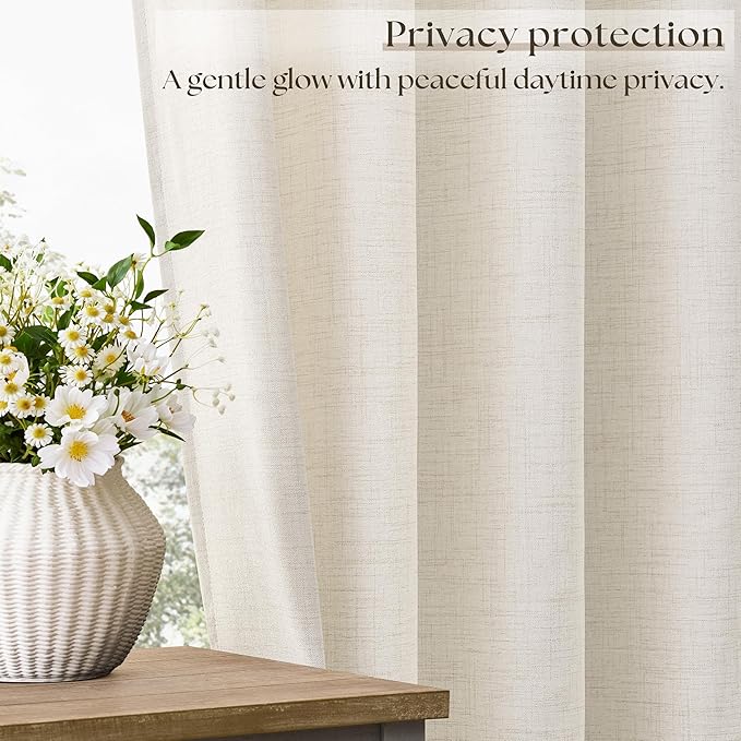 Linen Curtains 90 Inches Long 2 Panels Natural Ivory Light Filtering Semi Sheer Grommet Drapes Thick Linen Privacy Boho Farmhouse Window Curtain for for Bedroom Office Sliding Door 52x90