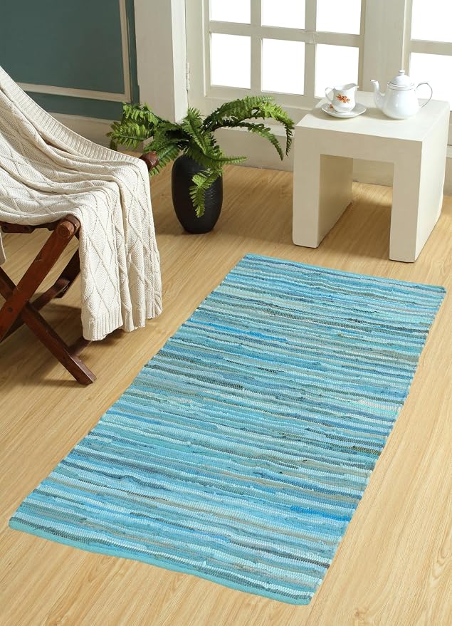 Handmade Cotton Chindi Rug Area Rag Washable Recycled Rugs for Home Décor, Living Room and Bedroom (Teal, 3X5 Feet)