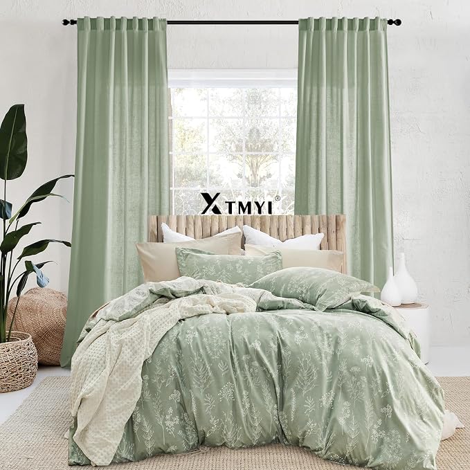 XTMYI Sage Green Sheer Curtains 63 Inch Length for Living Room,Boho Rod Pocket Light Filtering Linen Semi Transparent Bedroom Curtains Drapes 63 Inches Long 2 Panels Set for Bathroom Window Kitchen