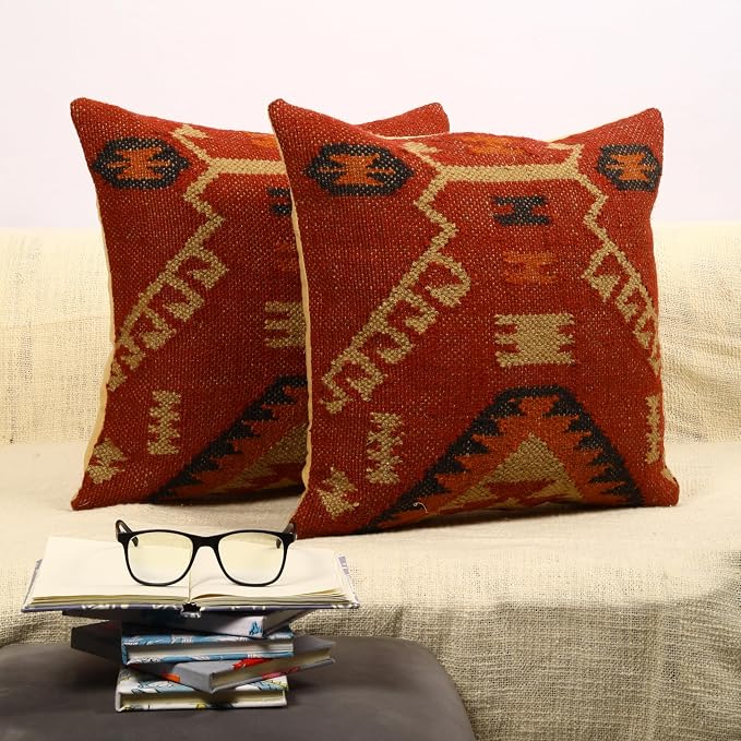 Trade Star Set of 2 Kilim Cushion Covers Handloomed Rug Decorative Cushion Cases Handwoven Pillowcases 18x18 Inches Throw Pillow Cover Designer Jute Wool Cushion Cover (Kilim 17)
