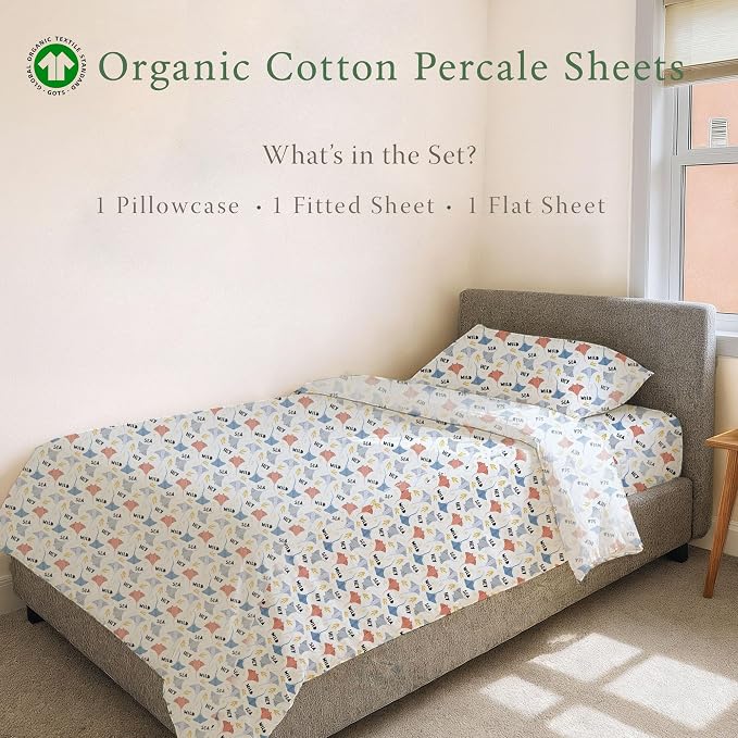 Threadmill Organic Cotton Twin Sheets | 100% Cotton Sheets for Twin Size Bed | Printed Percale Twin Sheet Set with 15” Deep Pocket | Soft Breathable 3-Piece | Daytime Cooling | Rays