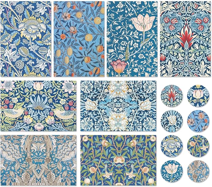 Whaline 40 Packs William Morris Greeting Cards with Envelopes Stickers Blue Vintage Floral Stationery Card Retro Flower Leaves Blank Note Cards for Wedding Birthday Baby Shower Thank You Supplies