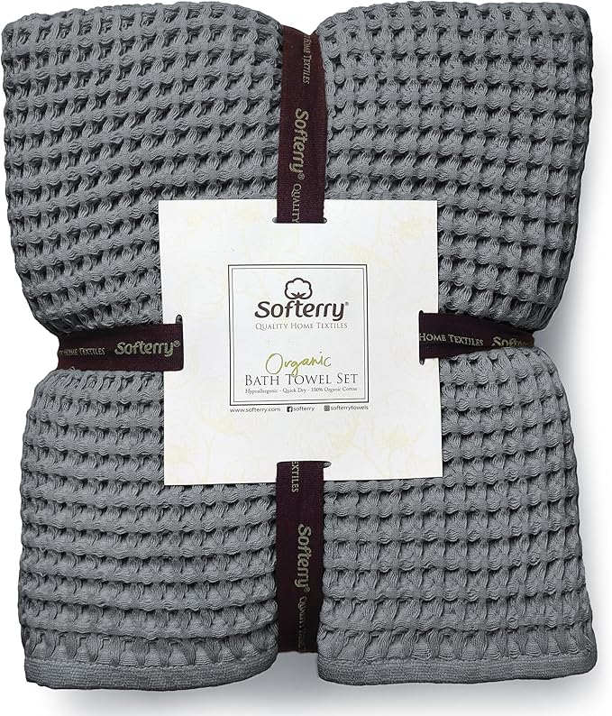 Softerry European Waffle Weave Bath Towel Set of 8-100% Organic Cotton - Quick Dry Lint Free Thin and Absorbent - Fade Resistant - Eco-Friendly (Space Gray)