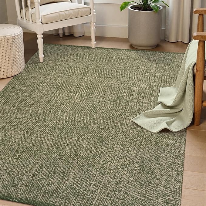 LEEVAN Boho Living Room Rugs 5X8 ft, Washable Woven Cotton Modern Bedroom Area Rug, Green/Natural Braided Floor Carpet for Dining Room Nursery Room, Outdoor Rug for Patio Balcony Decor