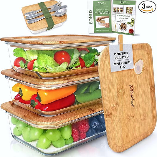 EcoPreps Glass Meal Prep Containers with Bamboo Lids (3 Pack) - 100% Plastic Free, Eco-Friendly Lunch Containers, Bamboo Lid Storage Container Set - Microwave Safe Glass Food Storage Container Set