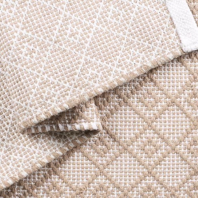 Cotton Diamond Woven Runner Rug 2x6 Feet - Beige, Non Slip Super Soft Farmhouse Space Patio Throw Carpet Ideal for Hallways, Kitchen, Living Room | Neutral Large Bedroom Area Décor Floor Décor Mats