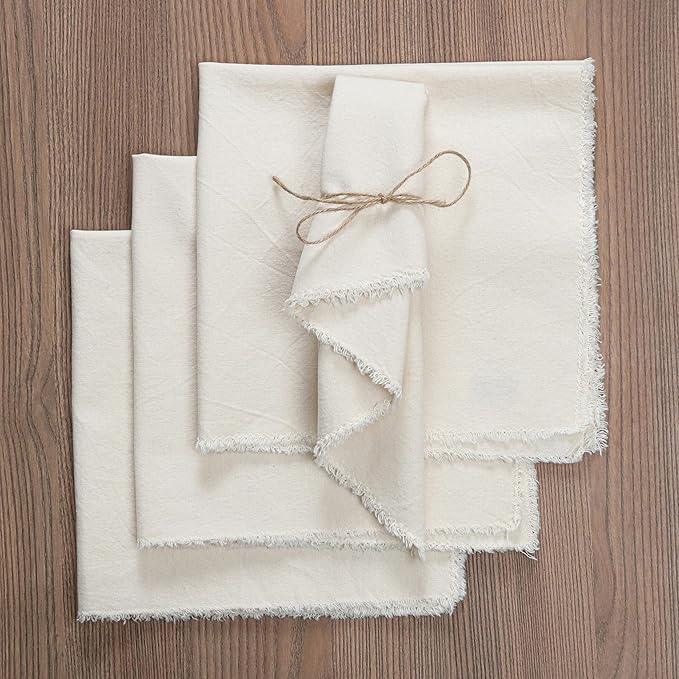 Ramanta Home Cloth Napkins Set of 4 Light Flax 18x18 Inch - Spring Soft & Durable Frayed Dinner Napkin for Easter Wedding, Birthday | Heavy Weight Fabric Table Linen for Everyday Use Family Dinners
