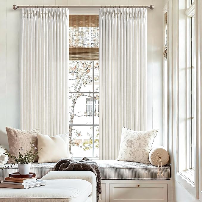 Semi Sheer Linen Curtains 72 Inches Long Neutral Country Cream Ivory Birch Flax Linen Light Filtering Pinch Pleated 72 Inch Curtains Back Tab for Door Cabin Closet 2 Panels Set Boho Farmhouse Decor