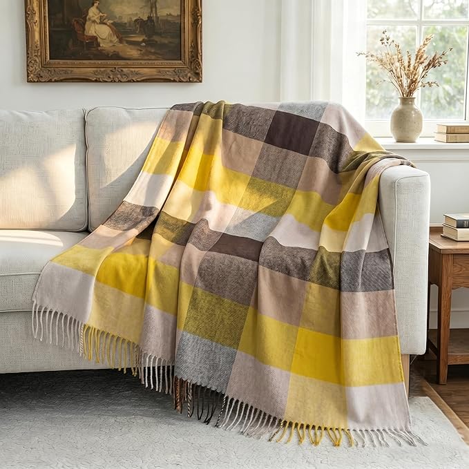 100% Wool Blanket Throw,Yellow Plaid Wool Blanket with Compact Bag,Rustic Soft Lightweight Blanket for Couch,Sofa,Bed & Lounging Decoration,Warm Travel Blanket for Home, Airplane,Ideal Gifts 55"x83"