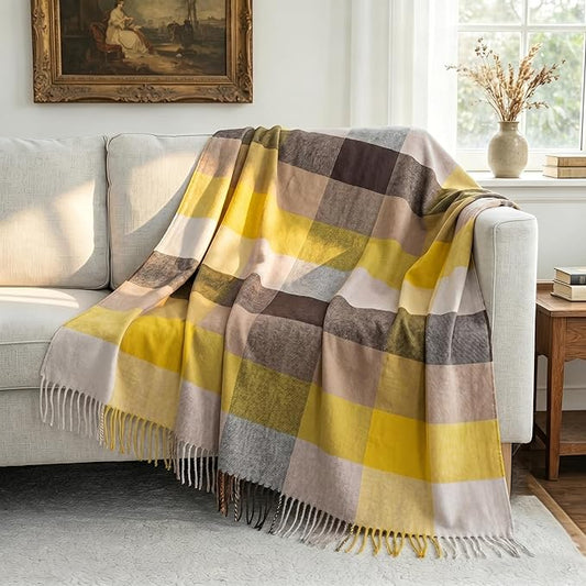 100% Wool Blanket Throw,Yellow Plaid Wool Blanket with Compact Bag,Rustic Soft Lightweight Blanket for Couch,Sofa,Bed & Lounging Decoration,Warm Travel Blanket for Home, Airplane,Ideal Gifts 55"x83"