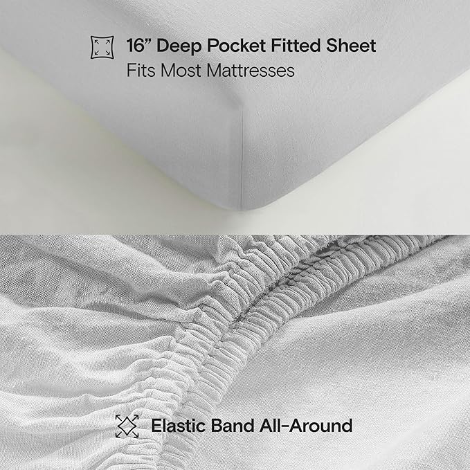 Sijo Stone Washed Organic French Linen Bed Sheet Set, GOTS Certified Organic, Best Cooling Linen Sheet Award by Sleep Foundation, 4 Piece - 2 Pillowcases, 1 Fitted and 1 Flat (Dove, Queen)