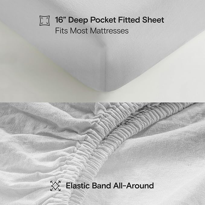 Sijo Stone Washed Organic French Linen Bed Sheet Set, GOTS Certified Organic, Best Cooling Linen Sheet Award by Sleep Foundation, 4 Piece - 2 Pillowcases, 1 Fitted and 1 Flat (Dove, Full)