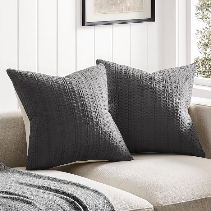 ZeeMart 100% Cotton Waffle Textured Throw Pillow Covers Set of 2, 24x24 Inch Charcoal, Soft Farmhouse Decorative Couch Pillow Cases Dark Grey Cushion Covers for Sofa Bed Living Room Home Decor