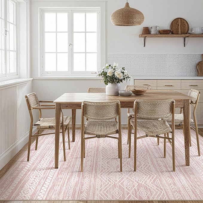 Tortania Area Rug Living Room Rugs- 9x12 Washable Large Soft Neutral Boho Moroccan Bohemian Farmhouse Rug Indoor Floor Carpet for Bedroom Under Dining Table Home Office Decor - Pink