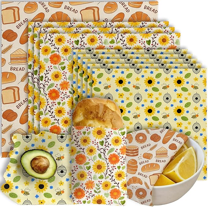 Reusable Beeswax Wraps, 9 Pack, For Sandwich, Bread, Fruit, Bowl, Eco-Friendly, Organic Cotton, Sustainable, Zero Waste, Plastic-Free, 1XL, 3M, 5S, Assorted Bread Floral Bee Patterns