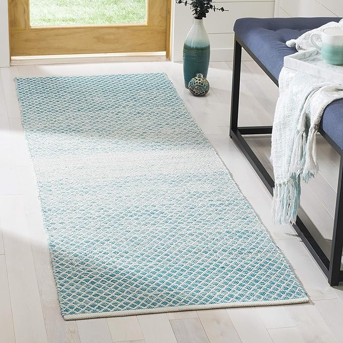 SAFAVIEH Montauk Collection Runner Rug - 2'3" x 11', Turquoise & Ivory, Handmade Cotton, Ideal for High Traffic Areas in Living Room, Bedroom (MTK601E)