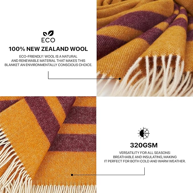 New Zealand Virgin Wool Throw Blanket, Indoor & Outdoor Blankets and Throws, Striped Soft Blanket with Fringes, 55 x 79 in (140 x 200 cm), Mustard Red
