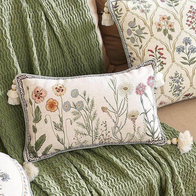 ISAENNE Design Linen Throw Pillow Covers 12"x20" Pack of 2, Lumbar Farmhouse Cushion Covers with Colorful Watercolor Wildflower Pattern for Bed, Living Room, Outdoor, Car
