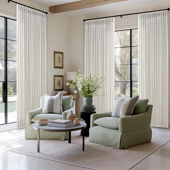102 Inch Long Pinch Pleat Linen Curtains for Living Room 2 Panels Set Natural Cream Boho Semi Sheer Light Filtering Neutral 102 Inch Pleated Curtain with Rings Hooks Floor Ceiling Bedroom Window