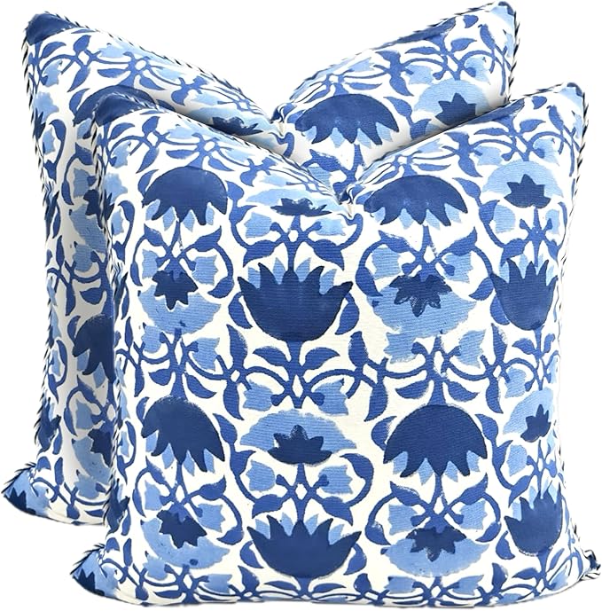 ATOSII Block Print Throw Pillow Covers, 20" X 20" - Set of 2, Decorative Couch Pillows for Living Room Bed Sofa, 100% Cotton Canvas Pillow Case for Home Decor & Outdoors, Preppy Throws - Positano Blue