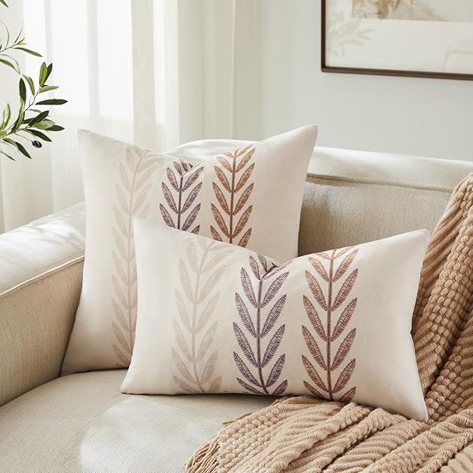 100% Cotton Farmhouse Leaves Throw Pillow Covers Set of 2, 24x24 Inch Mixed Brown Pastoral Decorative Print Cushion Covers for Sofa Bed Living Room Home Decor