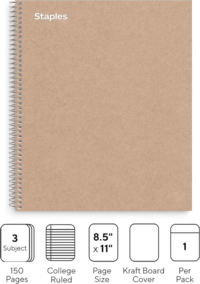 Staples Premium 3-Subject Notebook, 8.5" x 11", College Ruled, 150 Sheets, Brown