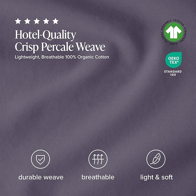 Bare Home 100% Organic Cotton Queen Sheet Set - Crisp Percale Weave - Lightweight & Breathable - Bedding Sheets & Pillowcases (Queen, Dusty Purple)