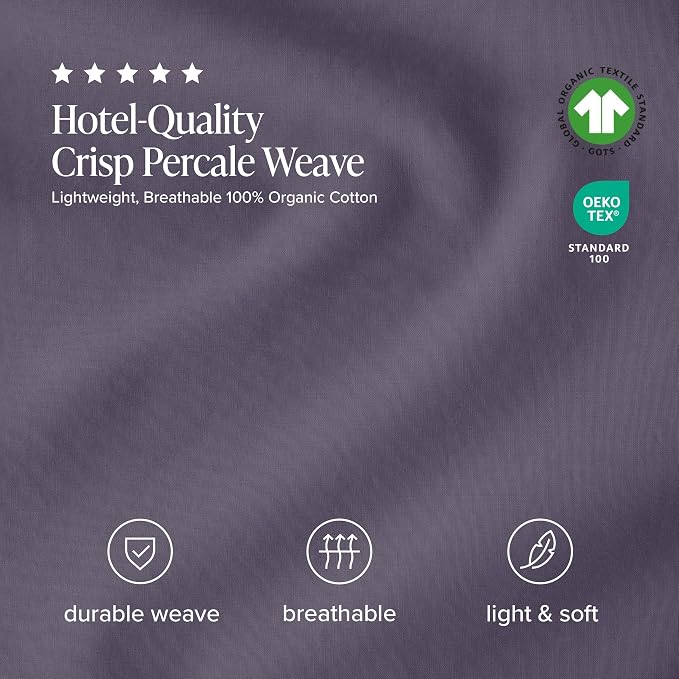 Bare Home 100% Organic Cotton Split King Sheet Set - Crisp Percale Weave - Lightweight & Breathable - Bedding Sheets & Pillowcases (Split King, Dusty Purple)