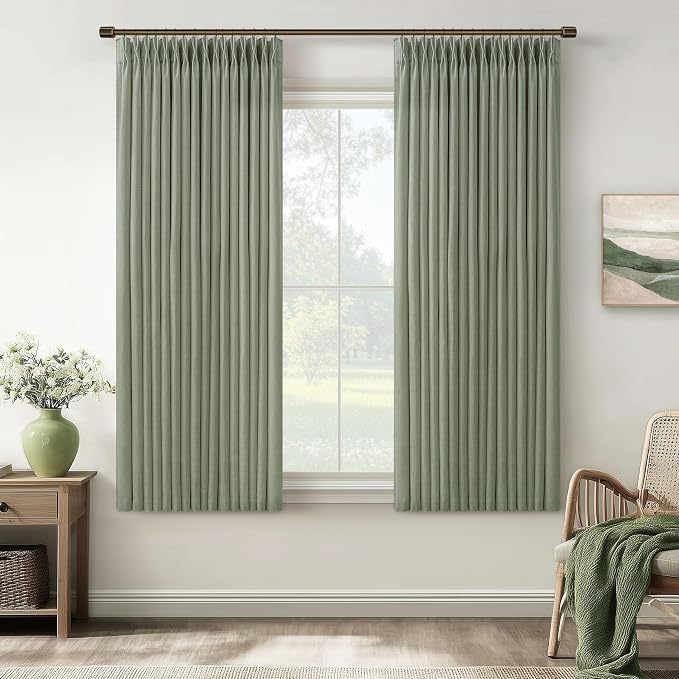Sage Green 63 Inch Semi Sheer Curtains 2 Panel Set for Kitchen Dining Small Windows Pinch Pleated Neutral Boho Light Filtering Flax Linen Curtains Privacy Pinch Pleat Back Tab for Living Room Bedroom
