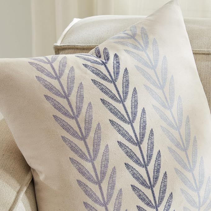 100% Cotton Farmhouse Leaves Throw Pillow Covers Set of 2, 24x24 Inch Mixed Blue Pastoral Decorative Print Cushion Covers for Sofa Bed Living Room Home Decor