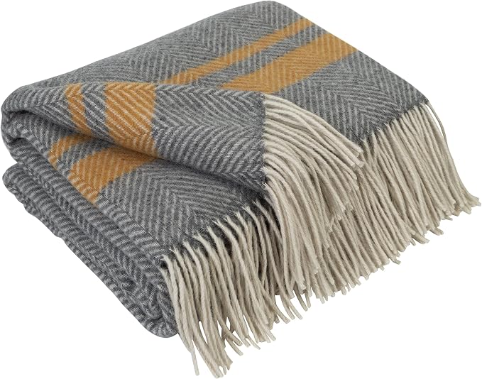 LYHome Merino Wool Blanket - Warm Throw for Cold Weather, Warmest Travel Outdoor Camping Blankets, Picnic Army and Military Throws, Comforter Soft & Cozy (55 x 79 Grey with Mustard and White Stripes)
