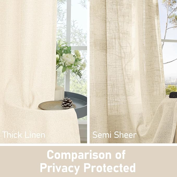 LAMIT Light Beige Linen Curtains 72 inch Long for Bedroom, Grommet Thick Light Reducing Thermal Light Filtering Curtains Window Panels for Living Room/Farmhouse, Set of 2 Panels, W52 x L72