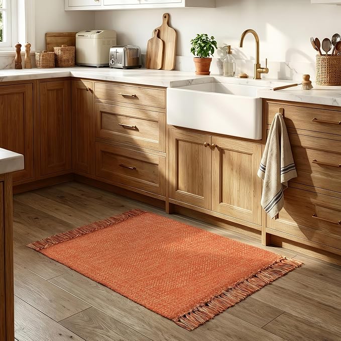 Collive Small Bathroom Rug, 2' x 3' Hand-Woven Low Profile Front Entryway Rug, Terracotta Cotton Reversible Washable Kitchen Rug Modern Farmhouse Carpet for Foyer Bedroom Front Door Fall Decor