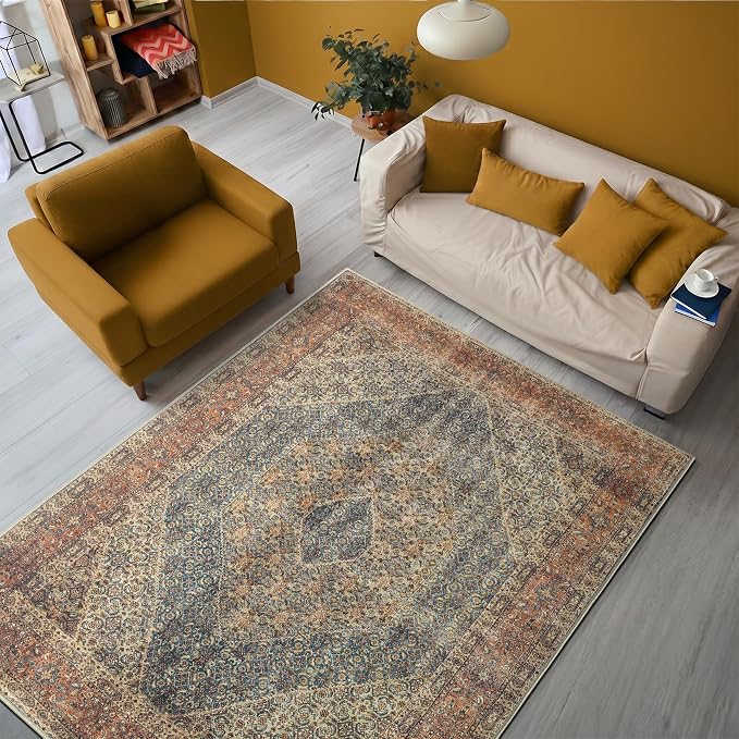 Keen Home Design 48"x72" Rug - Machine Washable Area Rug with Non-Slip Backing, Ideal for Living Room, Dining Room, Bedroom - Vintage, Easy Clean, Durable, Low Pile Rug - (4' x 6')