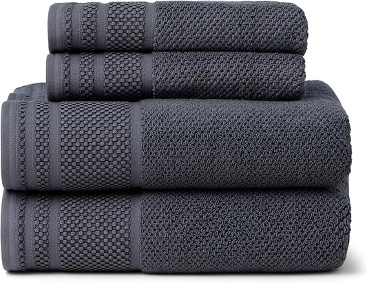 Texere 100% Organic Cotton Rice Weave Jacquard 700 GSM Luxury Bath Towel Sets - Ultra Soft and Absorbent Hotel and Spa Quality (Rice Weave, Charcoal, 2 Bath & 2 Hand Towels)