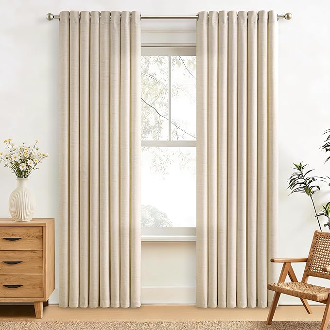 84 Inch Length 2 Panels Set Warm Beige Linen Curtains Sand Light Filtering Semi Sheer Grommet Drapes Thick Linen Privacy Non-See-Through Curtain for Living Room 52x84