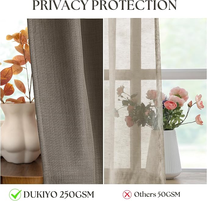 Chocolate Brown 100 Inch Curtains 2 Panels Set Faux Linen Bronze Grommet Semi Sheer Non-See-Through Drapes Boho Cottagecore Farmhouse High Ceiling Dark Brown Window Curtains for Living Room 52x100