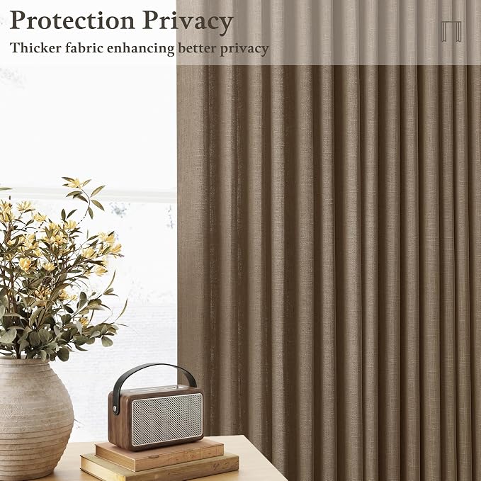 Dutch Cocoa Pinch Pleated Linen Curtains 112 Inches Long 2 Panels Set for Living Room Bedroom Memory Trained Semi Sheer Privacy Pleat Drapes with Hooks Rings 112 Inch Light Filtering Window Curtain