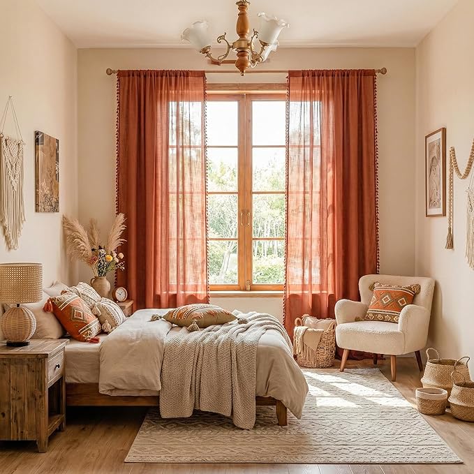 MYSKY HOME Boho Terracotta Tassel Curtains 84 Inches Long for Bedroom Living Room, Semi Sheer Light Filtering Bohemian Burnt Orange Curtains & Drapes for Sliding Door Privacy Farmhouse, 2 Panels