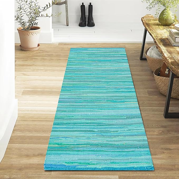 Cotton Hand Woven Chindi Runner Rug 2x6 Feet - Teal, Durable Rectangular Large Door Way Rag Rugs Ideal for Hallways, Kitchen, Bedroom, Nursery Room | Green Soft Reversible Floor Mat for Kids Space
