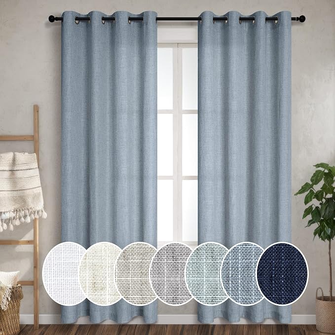 Pitalk Light Blue Linen Curtains 90 Inches Long for Bedroom 2 Panel Grommet Lightweight Drape Semi Sheer Cotton Textured Stone Blue Grey Curtain for Living Room Country Farmhouse Decor 52x90 Gray Blue