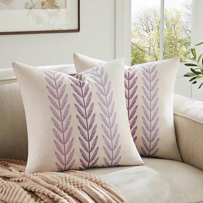 100% Cotton Farmhouse Leaves Throw Pillow Covers Set of 2, 22x22 Inch Mixed Purple Pastoral Decorative Print Cushion Covers for Sofa Bed Living Room Home Decor