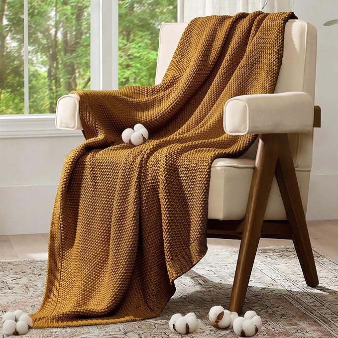 100% Cotton Cable Knit Throw Blanket, Large Lightweight Soft Knit Blanket for Sofa Couch Bed, Breathable All-Season Throw, Cozy Decorative Blanket, 60 x 80 Inch,Mustard