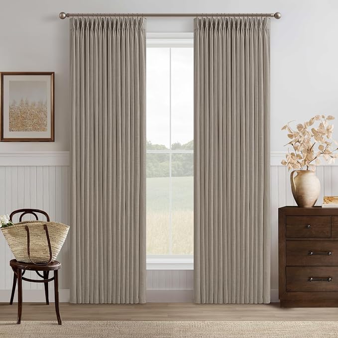 Burlap Flax Linen Curtains Pinch Pleated 92 Inch Long 2 Panels for Living Room Bedroom Taupe Thick Linen Textured Semi Sheer Rustic Farmhouse Boho Back Tab Pleat Drapes Floor to Ceiling Curtains