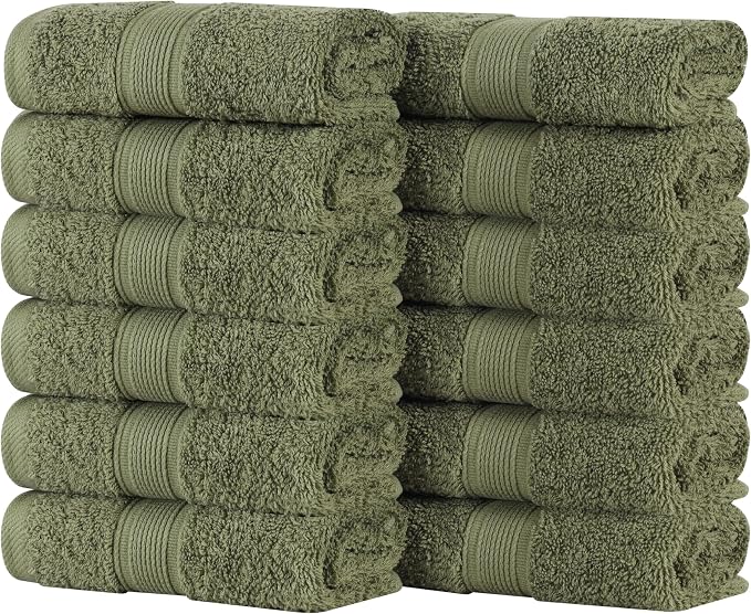 Superior 100% Organic Cotton Face Towel/Washcloth Set of 12, Daily Use, Bathroom, Guest Bath, Quick Dry Small Towels, Face, Hand, Gym, Spa, Hotel, Absorbent, Oregon Collection, Forest Green