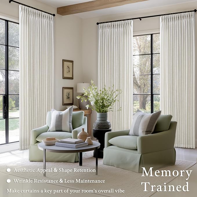 Pinch Pleated 98 Inch Linen Curtains for Living Room Dining Bedroom Pinch Pleat Hooks Rings Back Tab Light Filtering Semi Sheer Curtain Drapes for Large Window Boho Neutral Cream 2 Panels W50xL98