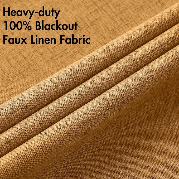 MIULEE 100% Blackout Linen Textured Curtains for Bedroom Solid Thermal Insulated Mustard Yellow Grommet Room Darkening Curtains & Drapes Luxury Decor for Living Room 52 x 84 Inch (2 Panels)