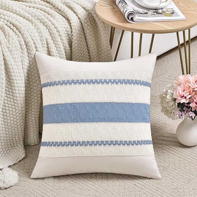 Fancy Homi Set of 1 Boho Light Blue Decorative Throw Pillow Cover 20x20 Inch for Couch Bed Sofa, Aesthetic Modern Organic Farmhouse Home Decor, Soft Cotton Cute Accent Macrame Woven Cushion Case