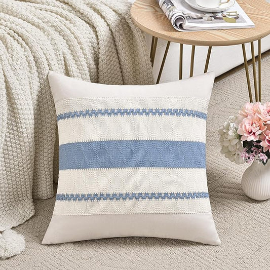 Fancy Homi Set of 1 Boho Light Blue Decorative Throw Pillow Cover 20x20 Inch for Couch Bed Sofa, Aesthetic Modern Organic Farmhouse Home Decor, Soft Cotton Cute Accent Macrame Woven Cushion Case