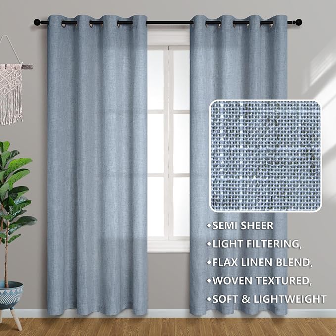 Pitalk Blue Sheer Curtains 63 Inch Length for Living Room 2 Panels Home Fashion Semi Blackout Linen Curtains for Bedroom Kitchen Dusty Grey Country Blue